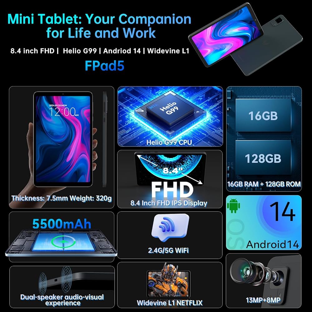 Headwolf Tablet para jogos FPad5 Helio G99 Octa Core, tela FHD de